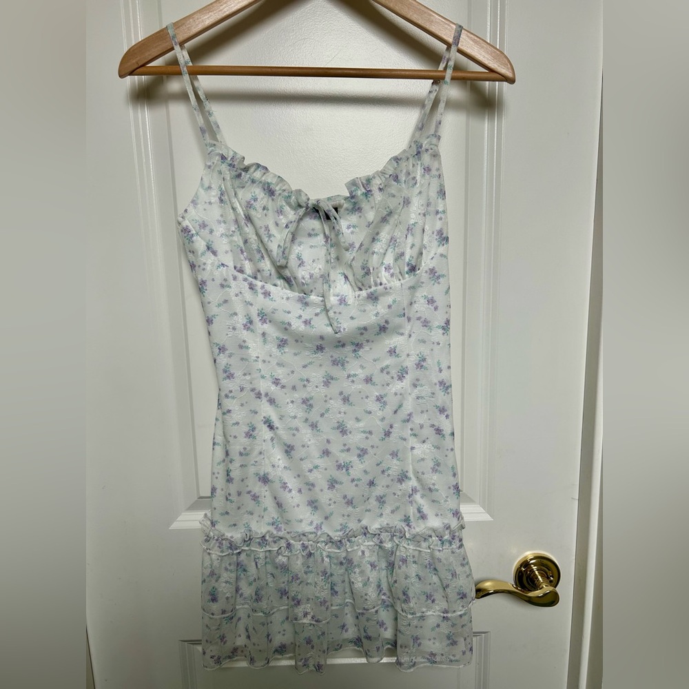 Lulus White & Blue Floral Tie-Front Mini Dress - Ruffle Hem - Size M